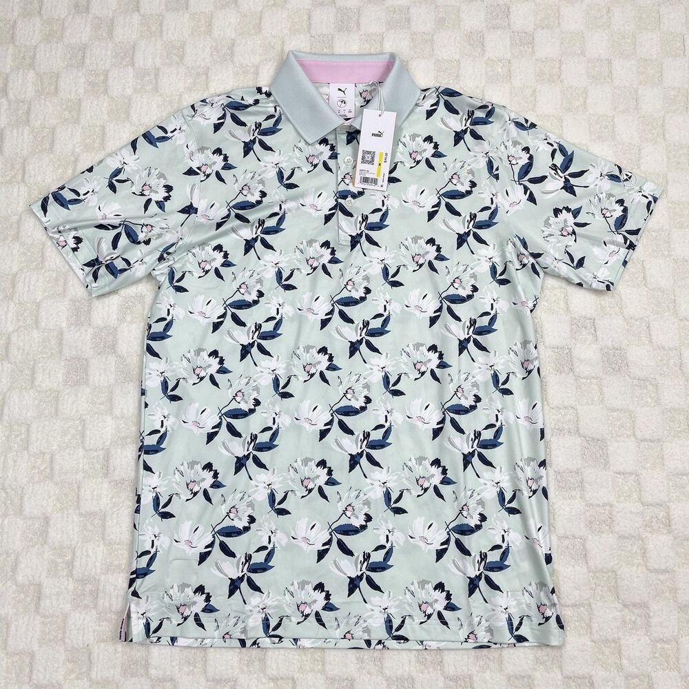 Puma Arnold Palmer MATTR Mens Medium Golf Polo Shirt Spring Floral Peaceful Blue